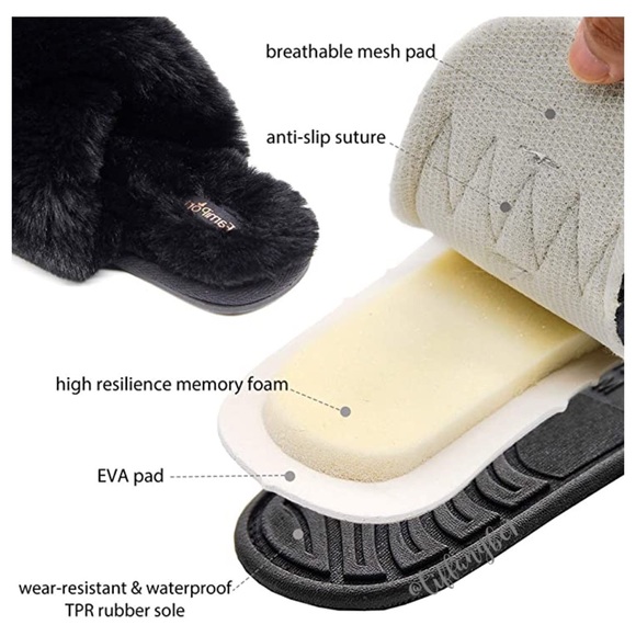 Fluffy Faux Bunny Fur Cross Band Slippers Black - Picture 3 of 8